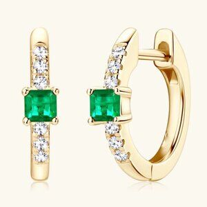 14K Gold 2ct Green Emerald 1ct Diamond Womens Huggie Hoop Gemstone Earrings NEW